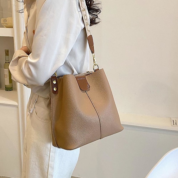 Fashion Läder Väska Ny Joker Axelväska Mode Retro Hög Sense Slung Hink Väska khaki