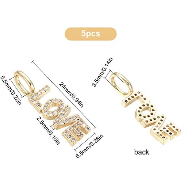 1 Æske 5 stk. Guld Love Charms Zirconia Micro Pave Cubic Word Vedhæng Messing CZ Sten Ord Charms Perler til Smykkefremstilling Charms DIY Valentinsdagsgave