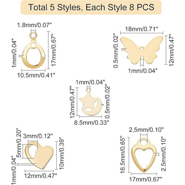 40 stk. Stjerne med Måne/Hjerte/Sommerfugl/Dråbe Charm Hypoallergeniske Link Charms Rustfrit Stål Vedhæng Gyldne Charms