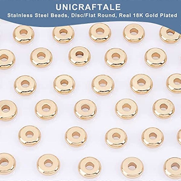 1 st 6 mm Platta Runda Rostfritt Stål Distanspärlor Äkta 18K Guldförgylld Skiva Metallpärlor
