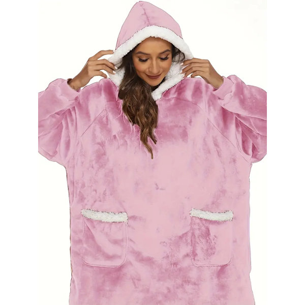 Casual loungewear-morgenkåbe i store størrelser, tyk Sherpa fleece varm ekstra lang oversized bærbar tæppe til damer med lommer (længde: 150 cm) Pink