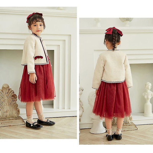 Kid Girl's Dress Suit 2-delad Elegant High Waist Gaze Dress Långärmad Kappa För 110 Wine Red