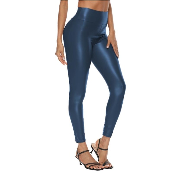 Stretchy leggingsbukser for kvinner, sexy høy midje imitert skinnbukser Navy L