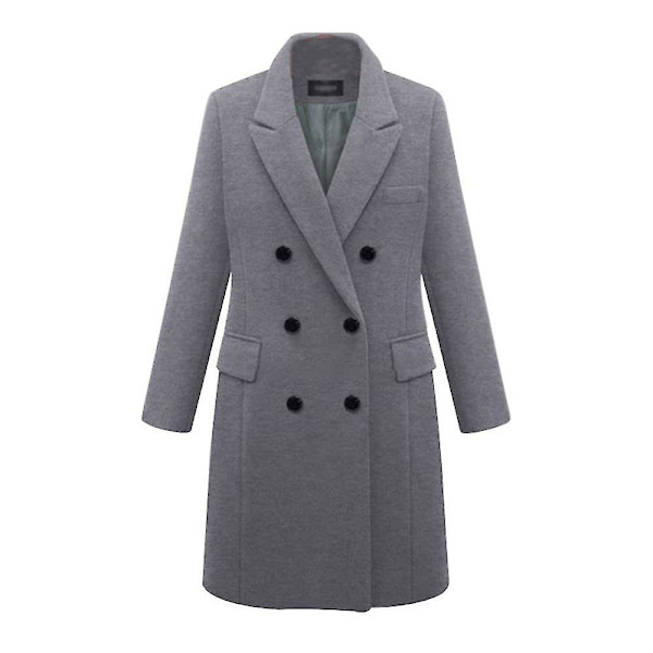 Kvinnors Dubbelknäppta Peacoat Krage Vinter Klassisk Filt Lång Jacka 2XL Gray