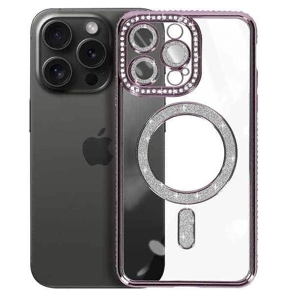 Diamant Etui til iPhone 15 Pro Beskyttelse MagSafe Omkring Strass, Lilla