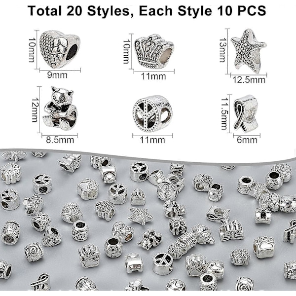 200 st Tibetansk Stil Europeiska Pärlor Metall Stora Hål Pärlor Legering Distans Pärlor Antik Silver Charm för Smyckestillverkning