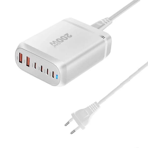 200W 6-port GaN USB PD-lader: 2 USB-A + 4 USB-C hurtiglading for iPhone, Huawei, Samsung, Macbook White