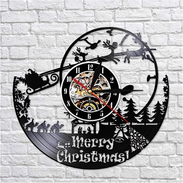 Väggklocka God Jul Tomten Vinyl Record Väggklocka Retro Väggdekoration Elf Klocka Väggklocka(29,5x29,5cm)