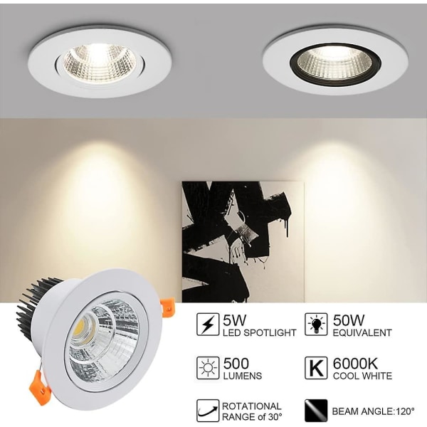 6 X Led Upotettavat Spotit, 5W Cob, Kylmä Valkoinen 6000k, Ip44 (valkoinen) (aukko: 75mm)