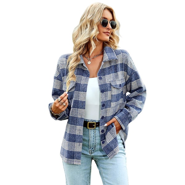 Landlig Plaid Skjorte 2023 Efterår Og Vinter Cardigan Lang Frakke Top Dame Mode Løs blue L