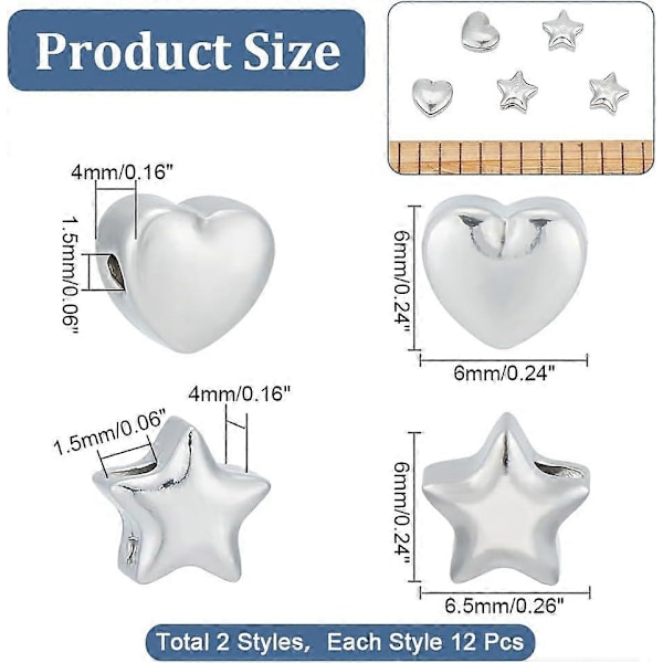 24 stk. 2 Stiler Spacer Perler Kit 1,5 mm 304 Rustfritt Stål Søte Perler Metall Stjerne Perler Hjerte Spacer Perler Små Hull Hjerte Perler for Armbånd Halskjede