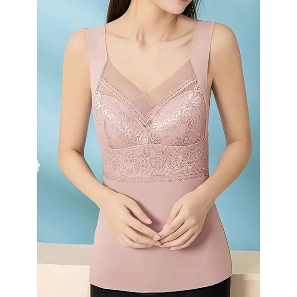 Spetsbroderad termisk underkläder, mjuk V-ringad ärmlös topp, damunderkläder & sovkläder Pink 2XL