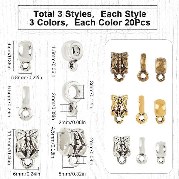 1 Ask 180 st 9 Stilar Bail Tube Pärlor Länkar Bail Pärla Glidande Charm Loop Hängare Dangle Antik Tibetansk Silver Gyllene Koppling Kolonn Pärla för Europeiska