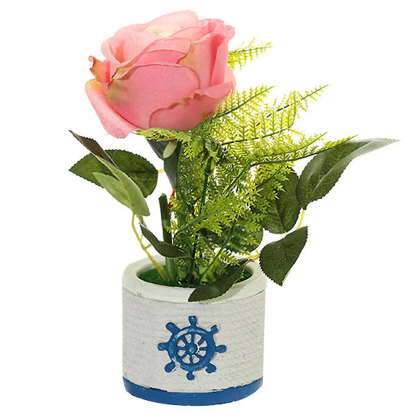 Konstgjord ros i liten bonsai-kruka, konstgjord växt i sidenblomma, grön växt pink