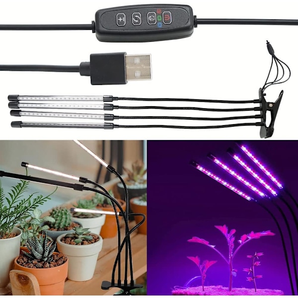LED Växtlampa, Timer, 10 Dimmerlägen, Växtlampa för Inomhusväxter med Fullt Spektrum & Rött Blått Spektrum, Justerbar Svanhals