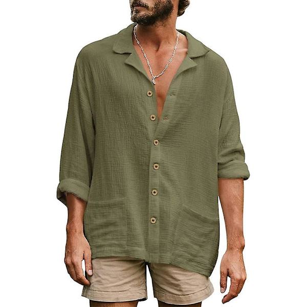 Herre fritidsskjorte langermet lapell krage strandskjorte topp Green 2XL