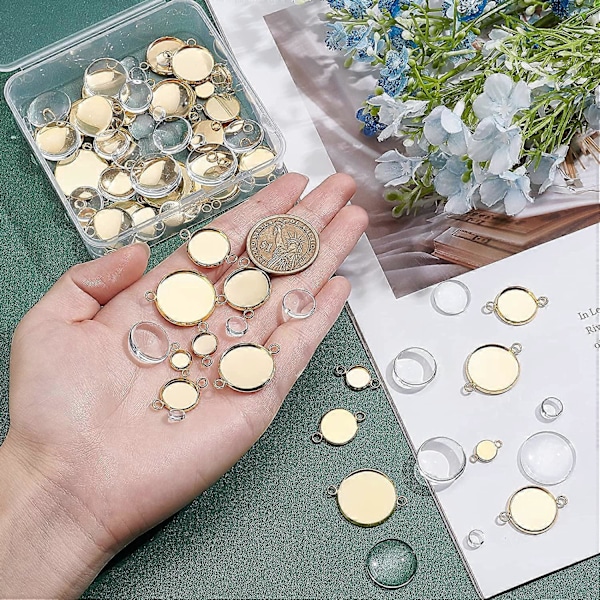 Omkring 84 stk. 7 Størrelser Guldbelagte Flade Runde Bezel Vedhængsforbindelsesbakker Rustfrit Stål Cabochon Forbindelsesled Tomme Bakker til Sammenkobling af Charmsmykker