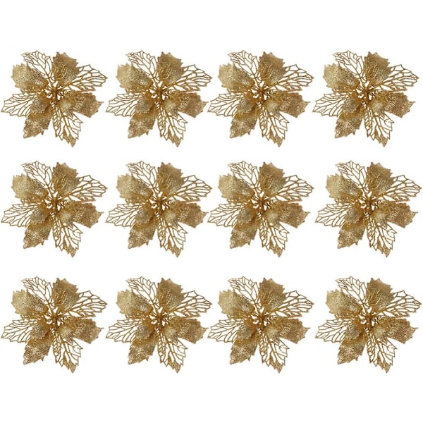 12 stk. Juleblomst Julestjerner Glitter Julestjerne Kunstig Julestjerne Juletræspynt Juledekorationer Blomst (Guld)