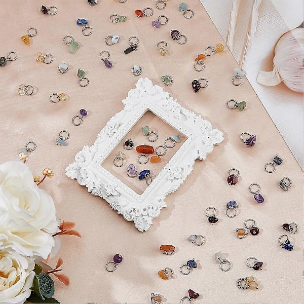 84 stk. 7 farger naturlig stein anheng blandet edelsten charms med sølv rustfritt stål hoppring blandet farge dinglende charms for øredobber halskjede armbånd