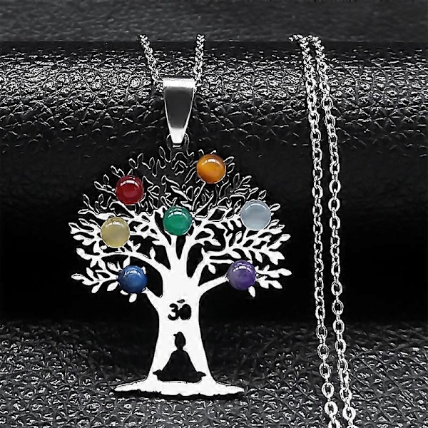Helig Geometri 7 Chakra Metatron Hjärthalsband Livets Blomma Rostfritt Stål Opalsten Halsband Reiki Healing Smycken N1120S B 50CM O SR