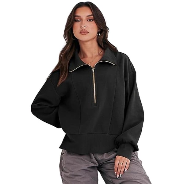 Casual halvlynede sweatshirts til damer, langærmet cropped pullover Black 2XL
