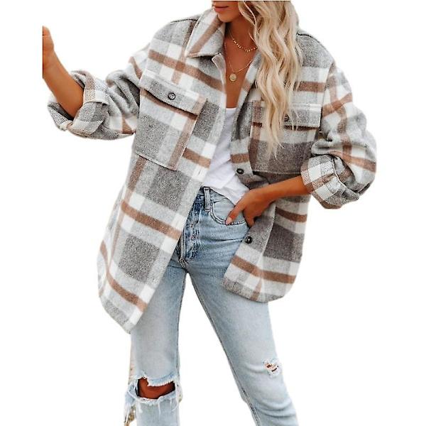 Dame Casual Plaid Langærmet Skjorte, Flannel Shacket Skjortejakker Grey L