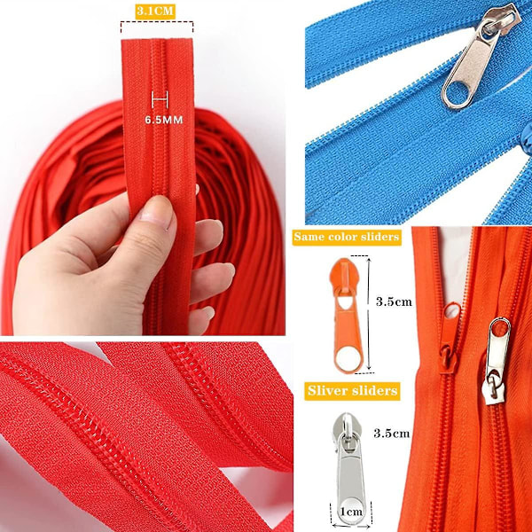 36 meter 12 st #5 dragkedjor per meter för sömnad Olika längder Nylon dragkedjor med 96 st färgglada och silverreglage för blandade tillbehör för