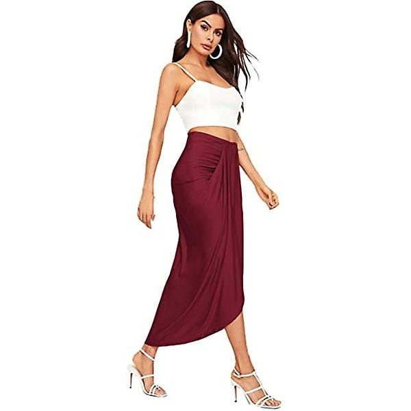 Kvinnors Casual Slit Wrap Asymmetrisk Elastisk Hög Midja Kjol Red XS