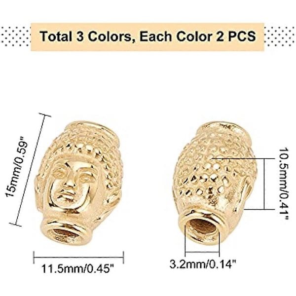 6 st 3 Färger 15mm Buddha Huvud Lösa Pärlor Rostfritt Stål Pärlor 3,2mm Hål Pärlor Distanser Hitta för DIY Armband Halsband Smycken Tillverkning
