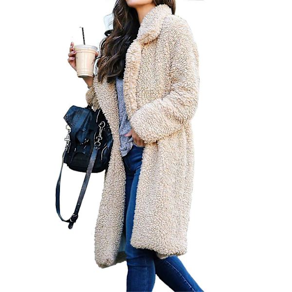 Lang damefrakke med reverskrave, lange ærmer og plys cardigan-overfrakke 2XL Light Apricot