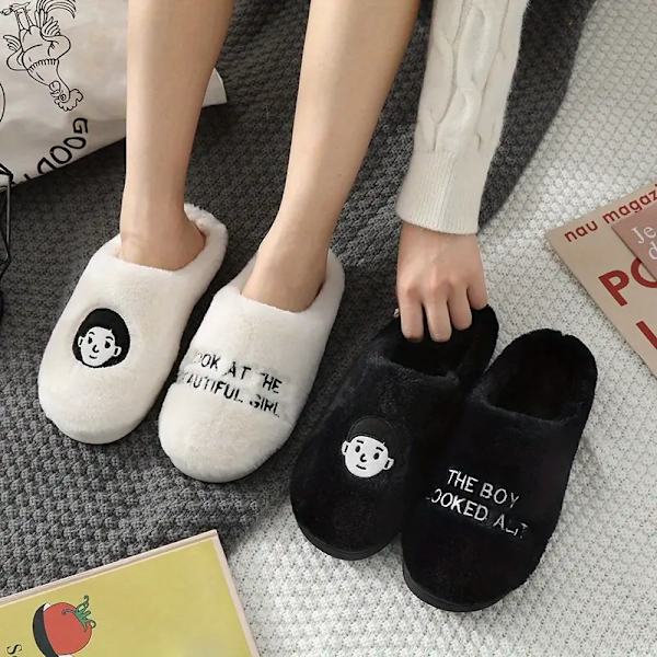 1 par damtofflor med tecknat mönster, söta slip on plyschfodrade skor, bekväma inomhusskor white EU38 39