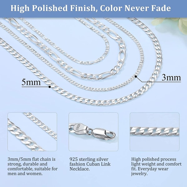 Massiv 925 Sterling Silver 3mm 5mm Platt Curb Cuban Link Kette/Figaro Kette Halskette, Hip Hop Schmuck 14\"/18\"/20\"/22\"/24\"/26\"/28\"