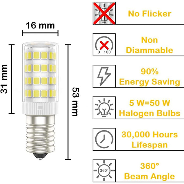 6 st E14 LED-lampor, 5 W (motsvarande 50 W), kallvitt (6000 K), AC220-240 V, flimmerfri, ej dimbar, 300 lumen, CRI>80 (kallvitt, 5 W) [energiklass A+]