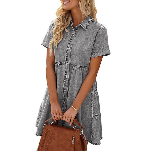 Korte denimkjoler for kvinner med knapper og korte ermer Grey M