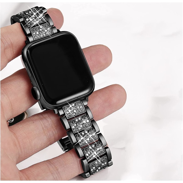 Bling Bands Kompatibel med Apple Watch Band 38mm 40mm 41mm 42mm 44mm 45mm Iwatch Serie 7/6/5/4/3/2/1/se, Dressy Smycken Metall Armband Justerbar Wr Black 38mm-40mm-41mm