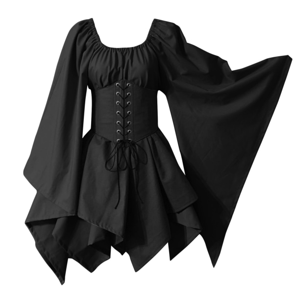 Perinteinen irlantilainen mekko, renessanssi keskiaikainen puku, levenevähihainen korsetti, Halloween, viktoriaaninen lyhyt mekko black 2XL