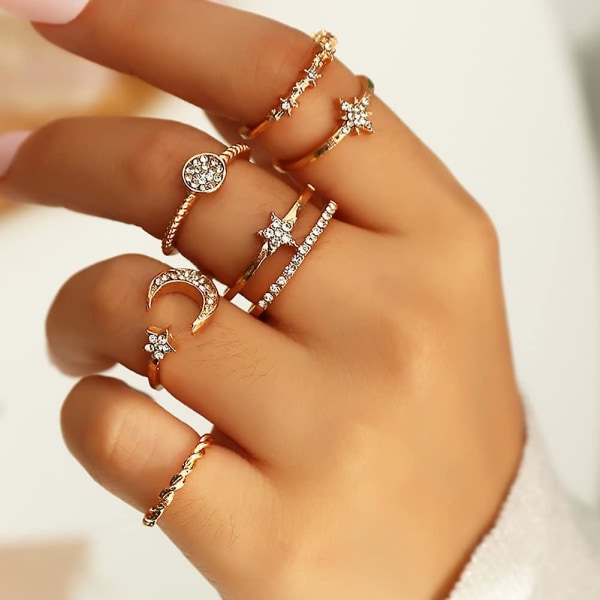 Krystall Knoke Ringer Sett Stjerne Ring Gull Måne Fingerledd Stablebar Ring For Kvinner Og Jenter