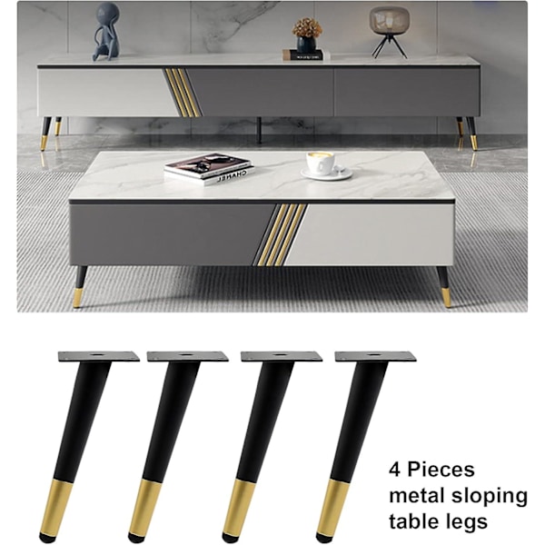 4-pack Svarta Guld Metall Möbelben, 20cm Ersättningsben för TV-bänk, Underskåp och Garderob