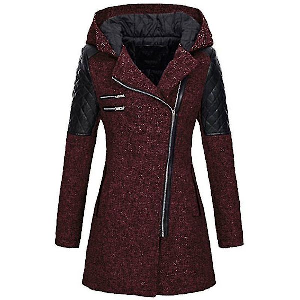 Dame Skrå Glidelås Slim Fit Hettejakker Stilig Varm Vinter Trenchcoat L Wine Red