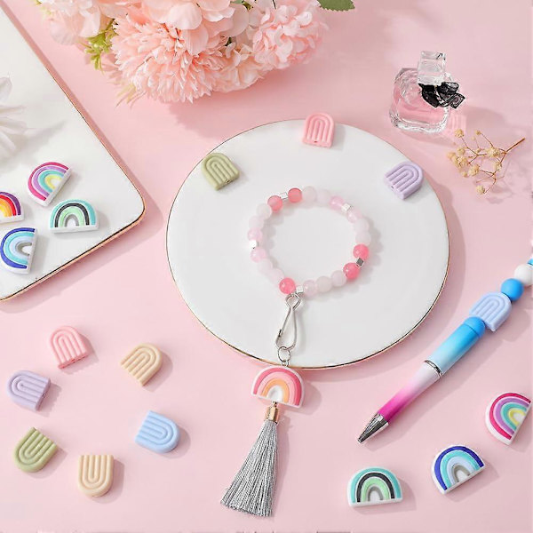 1 Eske 20 stk. Silikon Fokuseringsperler Regnbue Fargerike Tykke Perler Bulk Dobbeltsidig Rosa Lilla Regnbueformede Flate Charms Store Gummikuler for Nøkkelbånd