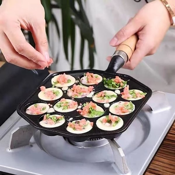 Takoyaki-pande med 14 huller nonstick støbejern blæksprutte kødboller producent med aftageligt håndtag stegepande kuglebageplade