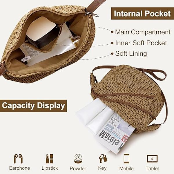 halmväska strandväskor för kvinnor, sommar halm crossbody väska strandväska med dragkedja handgjord vävd axelväska med tofsar halmhandväskor beige