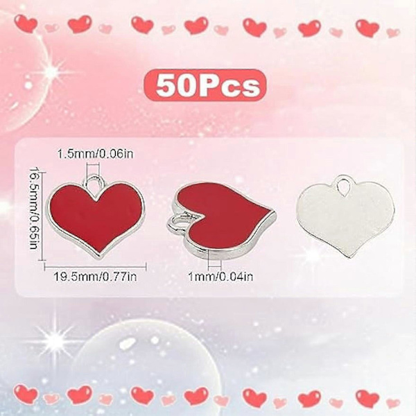 50 STK Valentine Hjerte Charms Bulk Røde Hjerter Charm Emalje Evig Kærlighed Søde Valentinsdag Charm Hjerteform Sølv Charm til Smykkefremstilling Charms Nøgle