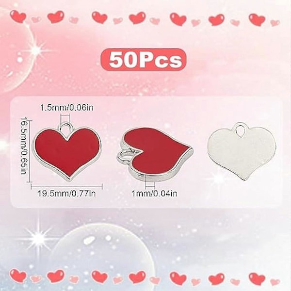 50 stk. Valentine Hjerteanheng Bulk Røde Hjerter Anheng Emalje Evig Kjærlighet Søte Valentine Dag Anheng Hjerteform Sølv Anheng for Smykkefremstilling Anheng Nøkkel