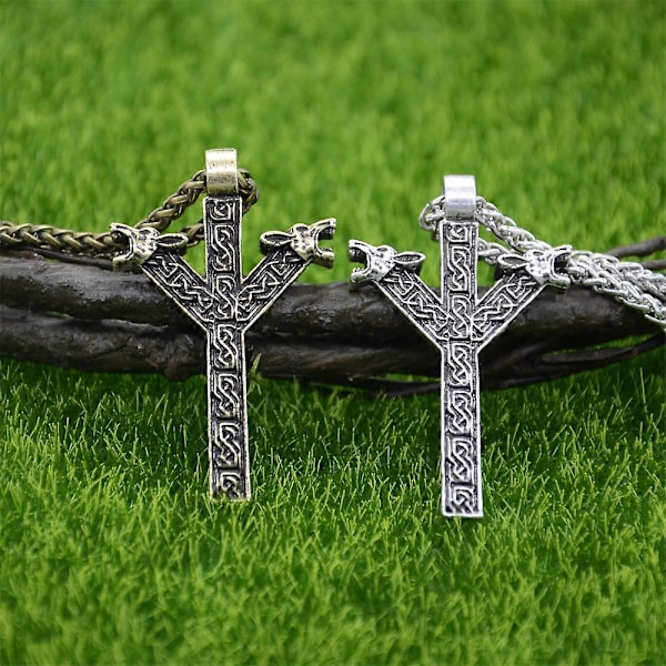 Nordiska Runor Algiz Skydd Amulett Varg Huvuden Talisman Viking Halsband Hänge Smycken Rope Chain Silver