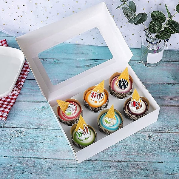 12 stk. Heilwiy Cupcake Æsker Hvid Papir Bageriæske Med Vindue. 6-huls Holder