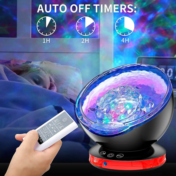 LED Projektorlampe, Ocean Waves Projektor med Fjernbetjening, Timer, 8 Farvetilstande, 6 Musiklyde, Sort