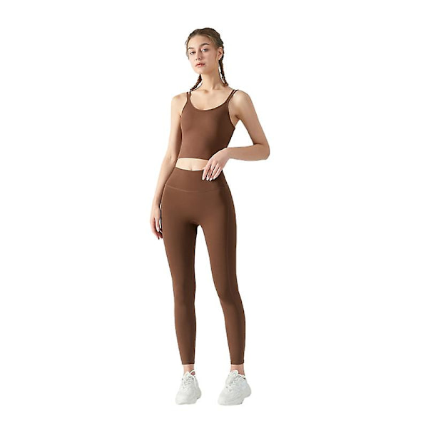 Naisten treeniurheiluliivit Fitness Selästä avoin pehmustettu liivi Jooga Crop Tank Top Brown L