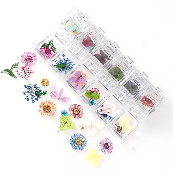 36 stk. kombinasjons neglepynt tørkede blomster håndlagde DIY negleklistremerker, tørkede blomster hortensia snøperler blomsterpynt C