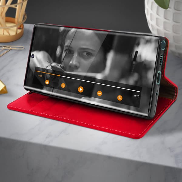Folio Ekte Lær Galaxy Note 10 Plus Deksel Kortholder Videostativ Rød Red